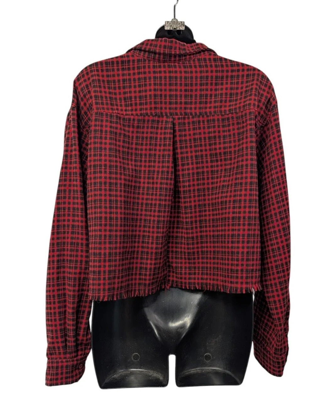 HYFVE Womens Red Black Plaid Collared Button-Up Fringe Cropped Shirt Sz L